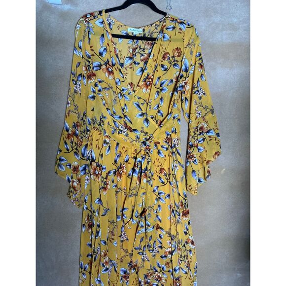 Indigo Rose Yellow Floral Maxi Dress Flutter Sleeve V Neck Wrap Belted XL - Picture 7 of 10